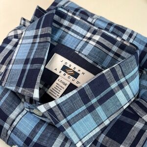 NEW Mens Large Tall LT Blue Plaid 100% Linen Short Sleeve Button Shirt